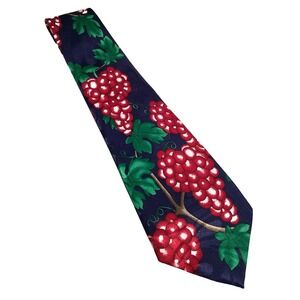 Fratello Men's Necktie Wine Grapes Vineyard Silk Handmade VTG Blue Red 58"x3.75"
